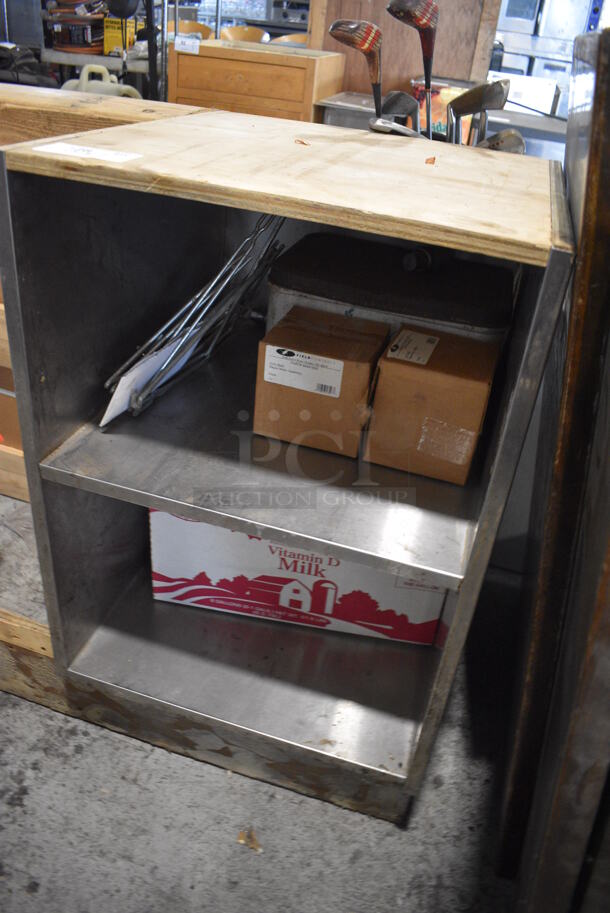 Wood Pattern Counter w/ 2 Metal Under Shelves and Various Contents Including Repair Motor Assembly. 22.5x23.5x35.5   - Image 3 of 5