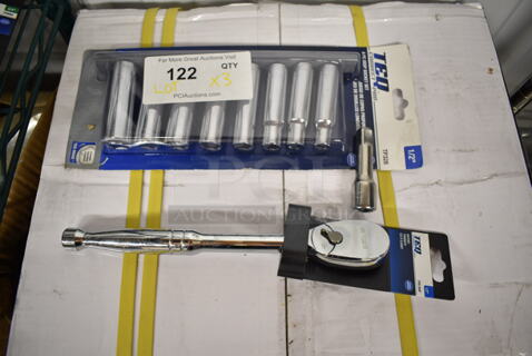 3 BRAND NEW! Items; TEQ Ratchet, TEQ Socket and TEQ 8 Piece Socket Set. 3 Times Your Bid!