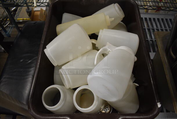 ALL ONE MONEY! Lot of Poly Bottles in Brown Poly Bus Bin! Includes 5x4x6.5 - Image 2 of 4