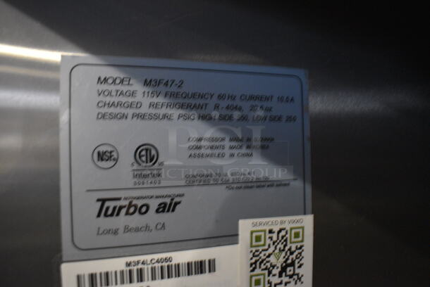 Turbo Air Model M3F47-2 Stainless Steel Commercial 2 Door Reach In Freezer w/ Poly Coated Racks on Commercial Casters. 115 Volts, 1 Phase. 52x32x84. Tested and Working! - Image 3 of 6