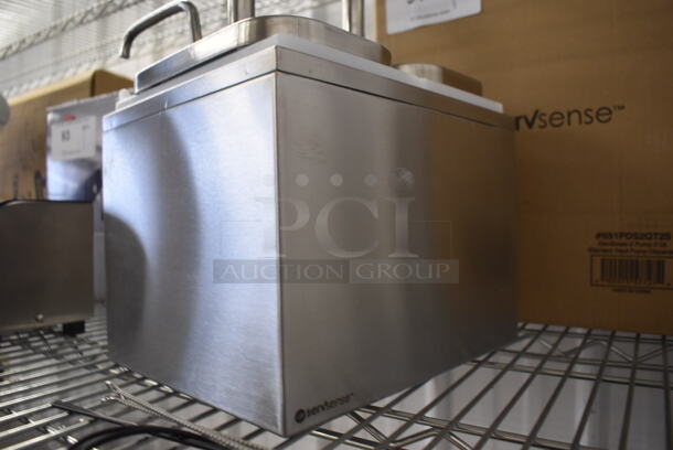 BRAND NEW IN BOX! ServSense Stainless Steel Double 2 Qt. Condiment Dispenser w/ 2 Pump Tops. 10x12x13 - Image 6 of 7