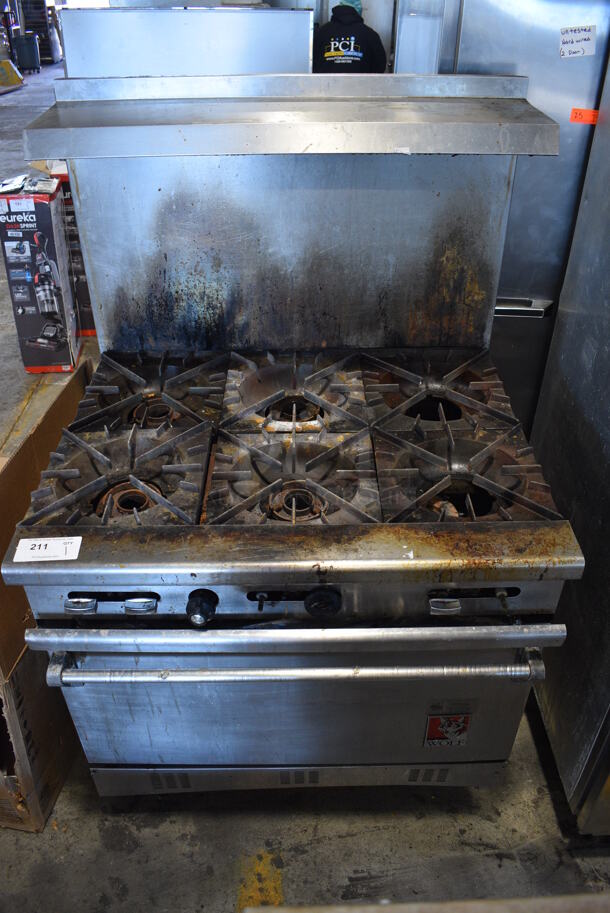 Wolf Stainless Steel Commercial Natural Gas Powered 6 Burner Range w/ Oven, Over Shelf and Back Splash. 36x31x60