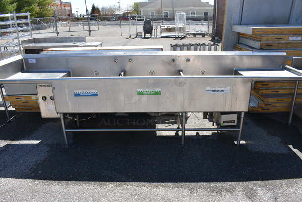 Stainless Steel Commercial 3 Bay Power Soak Sink w/ Dual Drainboards. 150x30x44. Bays 30x26x15. Drainboards 27x26x2