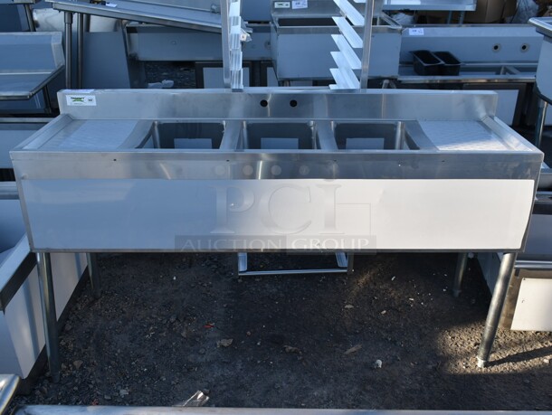 BRAND NEW SCRATCH AND DENT! Regency 600B31014213 Stainless Steel Commercial 3 Bay Sink w/ Dual Drain Boards. Bays 10x14. Drain Boards 11.5x15 - Image 1 of 6