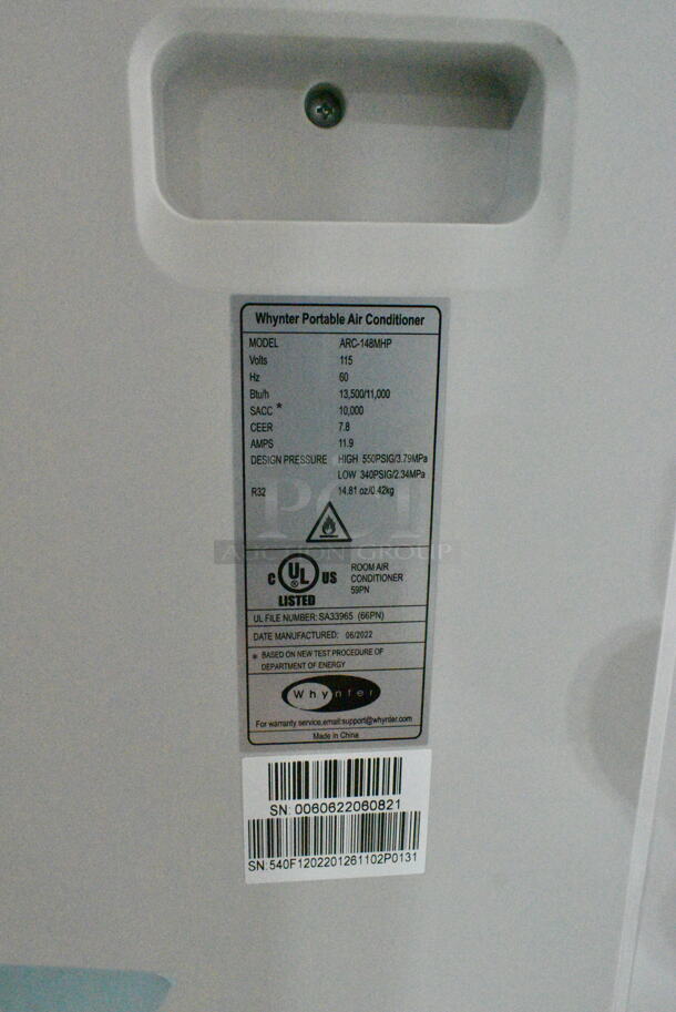 BRAND NEW SCRATCH AND DENT! Whynter ARC-148MHP Metal Portable 13,500 BTU Air Conditioner. 115 Volts, 1 Phase. Tested And Working! - Image 6 of 6