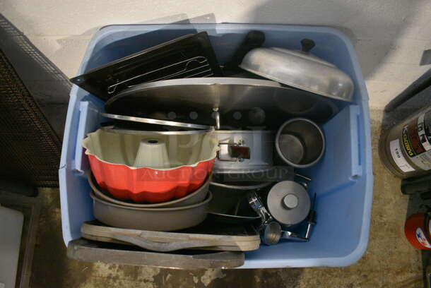 ALL ONE MONEY! Lot of Various Metal Pans and Lids in Blue Poly Bin!