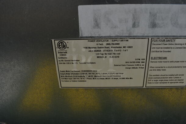 CaptiveAire Model K-A1-G10 Metal Commercial Power Ventilator Fan. 208 Volts, 1 Phase. 32.5x27.5x32, 22x24x45 - Image 6 of 9