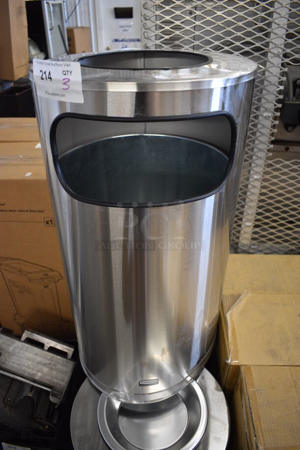 3 BRAND NEW! Rubbermaid Metallic Metal Trash Can w/ Ash Tray Top. 1 Missing Ash Tray. 15x15x28. 3 Times Your Bid!