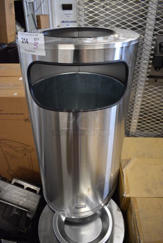 3 BRAND NEW! Rubbermaid Metallic Metal Trash Can w/ Ash Tray Top. 1 Missing Ash Tray. 15x15x28. 3 Times Your Bid!