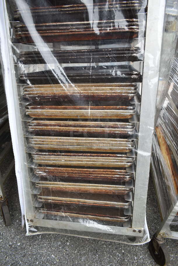 Metal Commercial Pan Transport Rack w/ 66 Metal Baking Pans and Clear Cover on Commercial Casters. Missing 1 Caster. - Image 4 of 5