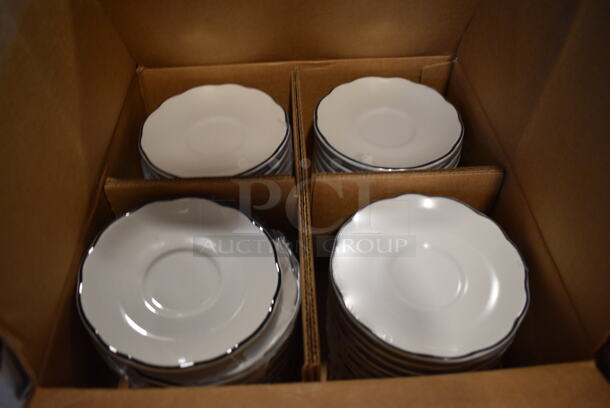 Box of 36 BRAND NEW White Ceramic Saucers w/ Black Line on Rim. 5.5x5.5x1