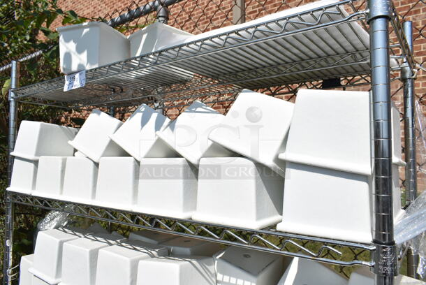 Chrome Finish 5 Tier Shelving Unit on Commercial Casters w/ Contents Including White Poly Bins. BUYER MUST DISMANTLE. PCI CANNOT DISMANTLE FOR SHIPPING. PLEASE CONSIDER FREIGHT CHARGES.  - Image 3 of 12
