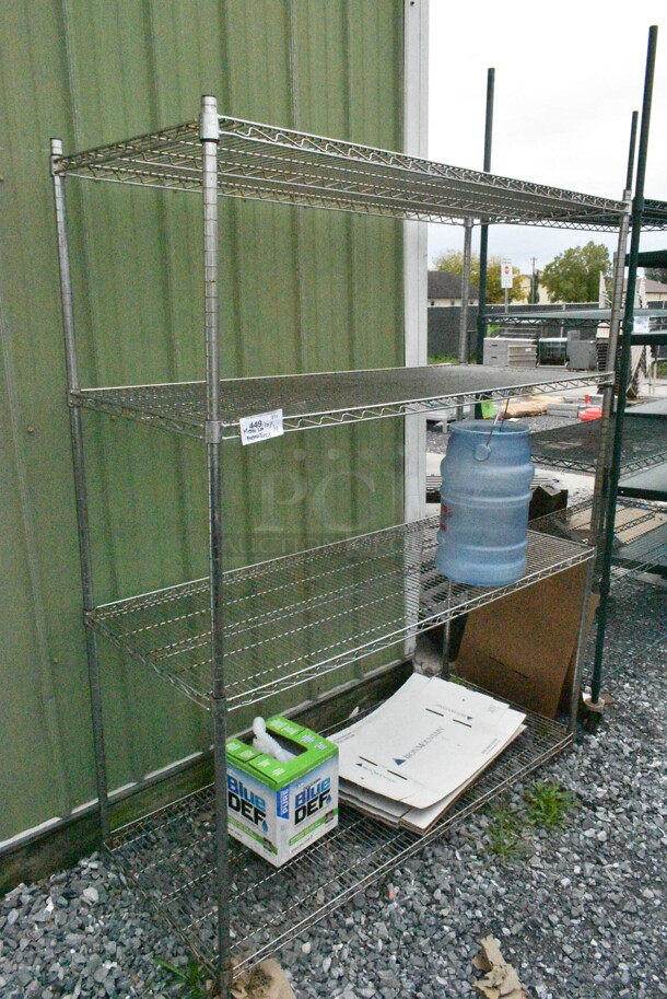 Chrome Finish 4 Tier Wire Shelving Unit w/ Contents including Ice Bucket. BUYER MUST DISMANTLE. PCI CANNOT DISMANTLE FOR SHIPPING. PLEASE CONSIDER FREIGHT CHARGES. - Image 3 of 7