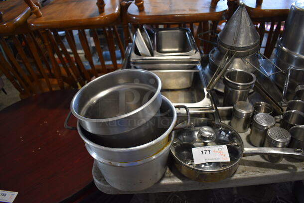 ALL ONE MONEY! Tabletop Lot of Various Metal Items Including Drop In Bins, Cylindrical Bins, China Cap Strainer and Pitchers - Image 2 of 7