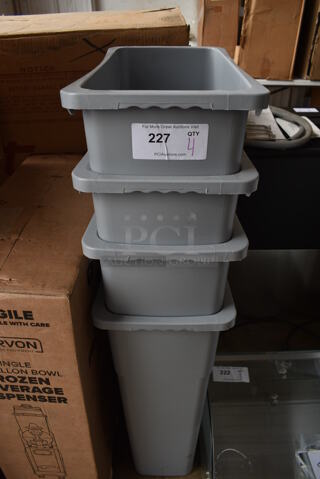 4 BRAND NEW! Gray Poly Slim Jim Trash Cans. 11x20x30. 4 Times Your Bid!