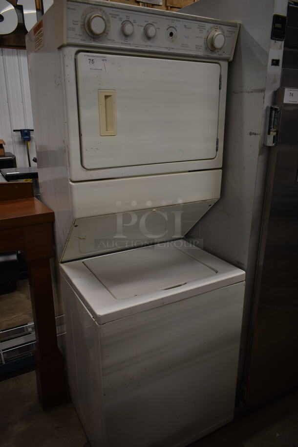 Whirlpool Stacked Top Load Washer and Front Load Dryer. 