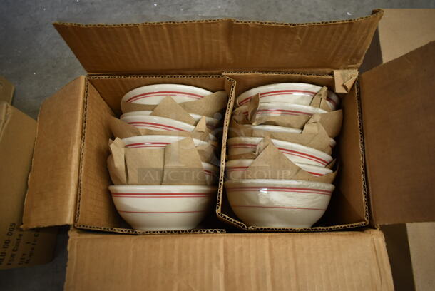 12 BRAND NEW IN BOX! White Ceramic Bowls w/ Red Lines. 12 Times Your Bid!