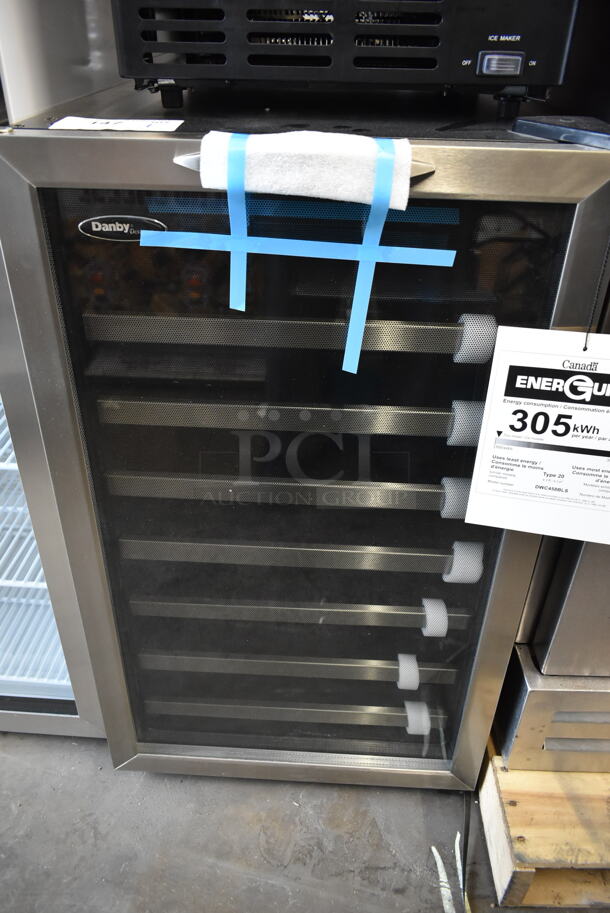 BRAND NEW SCRATCH AND DENT! Danby Designer Series DWC458BLS 20 Inch Wine Cellar with 45 Bottle Capacity, 7 Slide-Out Wooden Racks, Blue LED Lighting and Tempered Glass Door. 115 Volts, 1 Phase. Tested and Working! - Image 3 of 6