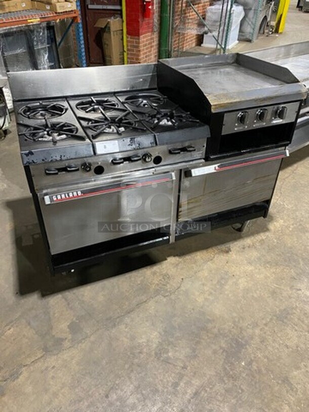 Garland Commercial Gas Powered 6 Burner Stove With Right Side Flat Griddle! Griddle Has Side Splashes! With Back Splash! With 2 Oven Underneath! Metal Oven Racks! All Stainless Steel! On Casters! - Item #1109147