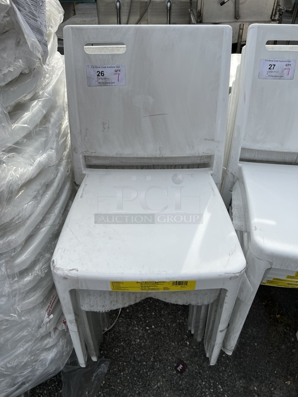 7 BRAND NEW SCRATCH AND DENT! Grosfillex XA653096 / US653096 Metro Glacier White Indoor / Outdoor Stacking Resin Chair. 16x18x32. 7 Times Your Bid!