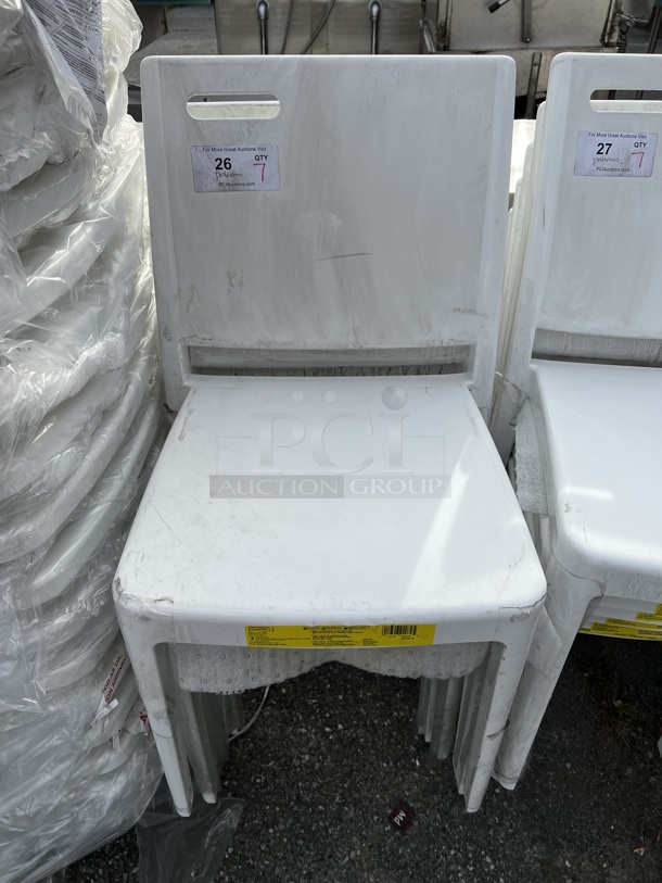 7 BRAND NEW SCRATCH AND DENT! Grosfillex XA653096 / US653096 Metro Glacier White Indoor / Outdoor Stacking Resin Chair. 16x18x32. 7 Times Your Bid! - Image 1 of 5