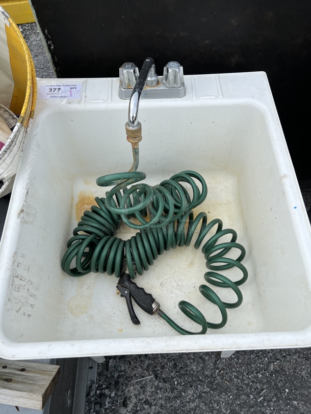 White Poly Single Bay Sink w/ Faucet, Handles, Hose. 23x25.5x36 - Image 3 of 4