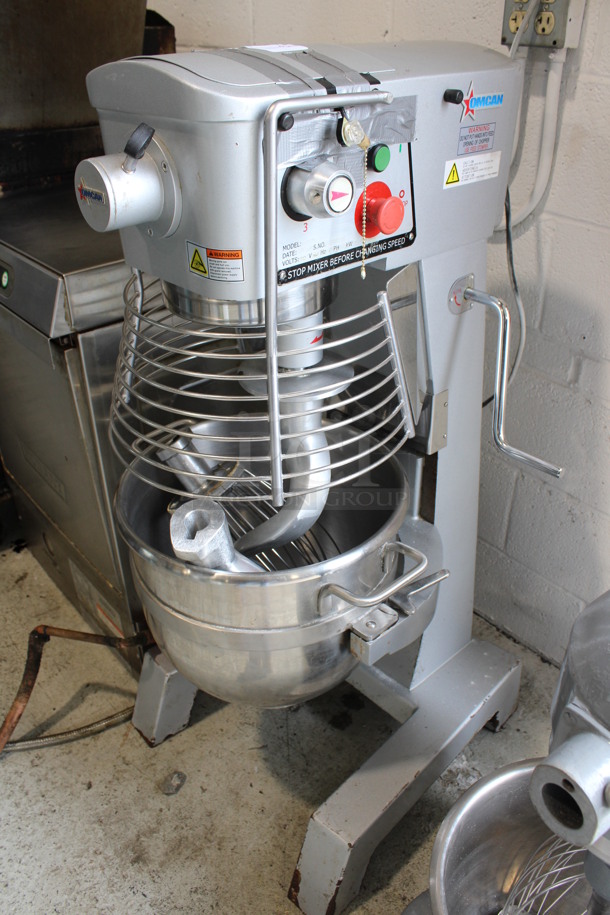 Omcan Model SP300A Metal Floor Style Planetary 30 Quart Dough Mixer w/ Stainless Steel Mixing Cup, Bowl Guard, Paddle, Whisk and Dough Hook Attachments. 110 Volts, 1 Phase. 22x24x45. Tested and Working!