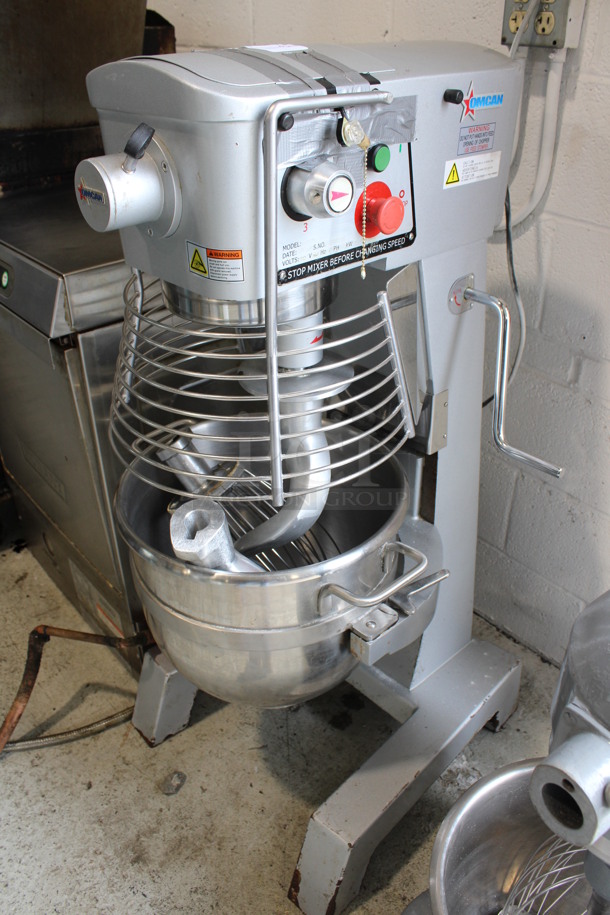 Omcan Model SP300A Metal Floor Style Planetary 30 Quart Dough Mixer w/ Stainless Steel Mixing Cup, Bowl Guard, Paddle, Whisk and Dough Hook Attachments. 110 Volts, 1 Phase. 22x24x45. Tested and Working! - Image 1 of 8