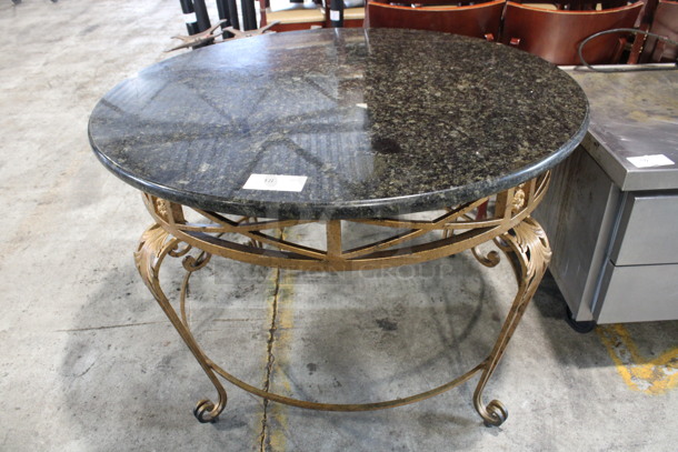 Gold Colored Metal Table w/ Granite Tabletop. 48x48x33