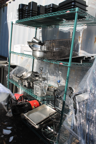 Metro Green Finish 4 Tier Wire Shelving Unit w/ Contents Including Poly Drop In Bins. BUYER MUST DISMANTLE. PCI CANNOT DISMANTLE FOR SHIPPING. PLEASE CONSIDER FREIGHT CHARGES.