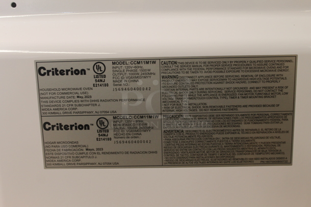 BRAND NEW SCRATCH AND DENT! Criterion CCM11M1W Countertop Microwave Oven. Missing Plate. 120 Volts, 1 Phase.  - Image 6 of 7