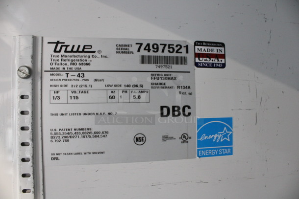 2012 True Model T-43 Stainless Steel Commercial 2 Door Reach In Cooler w/ Poly Coated Racks on Commercial Casters. 115 Volts, 1 Phase. 47x30x83.5. Tested and Working! - Image 4 of 6