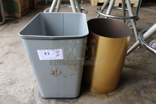 2 Various Metal Trash Cans. 11x13.5x15, 9.5x9.5x14. 2 Times Your Bid!