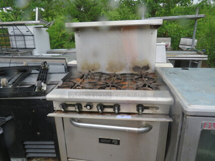 One Asber 6 Burner Natural Gas Range With Over Shelf, Missing 1 Knob. Unable To Test. 36X34X57