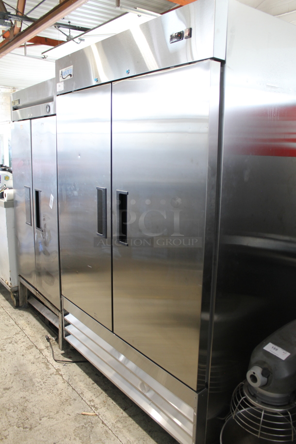 BRAND NEW SCRATCH AND DENT! 2022 Avantco 178A49RHC Stainless Steel Commercial 2 Door Reach In Cooler w/ Poly Coated Racks on Commercial Casters. 115 Volts, 1 Phase. Tested and Working! - Image 1 of 8