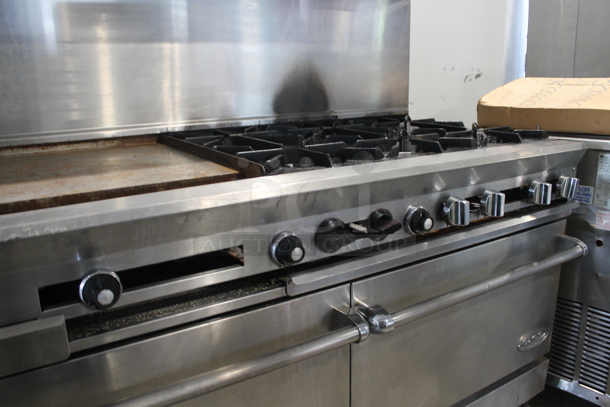 Dynamic Cooking Systems DCS 60-24G6-2N Stainless Steel Commercial Natural Gas Powered 6 Burner Range w/ Left Side Flat Top Griddle, 2 Ovens, Over Shelf and Back Splash on Commercial Casters. - Image 5 of 11