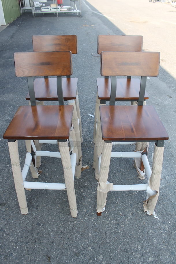 4 BRAND NEW SCRATCH AND DENT! Lancaster Table & Seating 164BINDWALFR Rustic Industrial Bar Height Chair with Antique Walnut Finish. 4 Times Your Bid! - Image 1 of 6