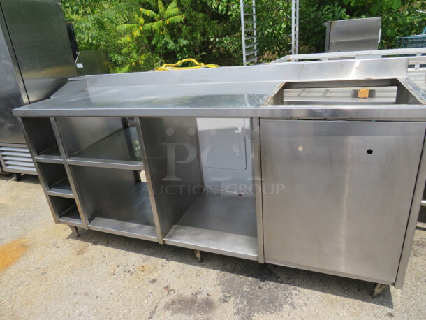 One Stainless Steel Work Table With Under Storage, Under Shelves, Back Splash And A 23X23 Cutout. 89X29X46 - Image 1 of 2