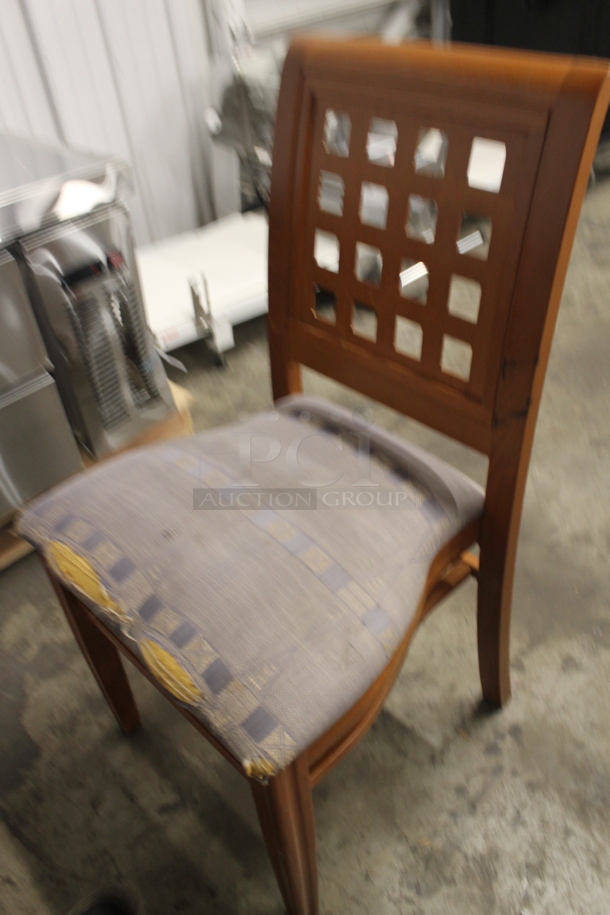 6 Items Including 5 Wooden Lattice Back Chairs With Patterned Cushioned Seat And 1 Round Table On X Prong Base. Cosmetic Condition May Vary. 6 Times Your Bid! 
Table: 59.5X59.5X30, Chairs: 18X16X36 - Image 3 of 7