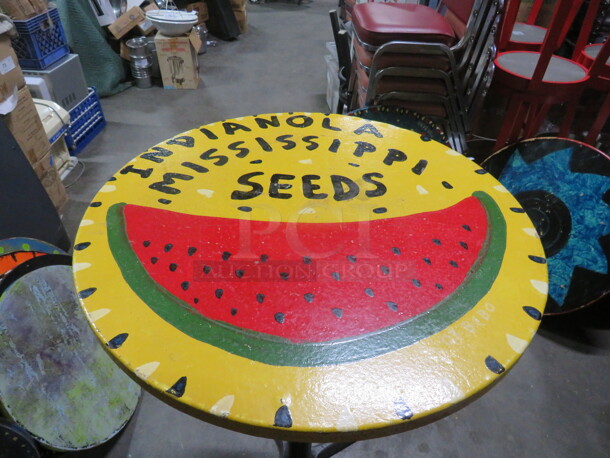One 30X30X342 Abstract Round Painted  Table Top On A Bar Height Pedestal Base. Indianola Mississippi Seeds. - Image 1 of 2