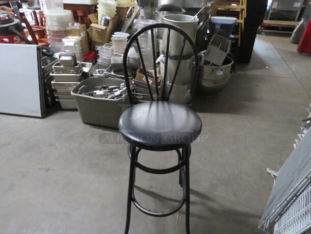 Black Metal Bar Height Chair With Black Cushioned Seat And Footrest. 2XBID