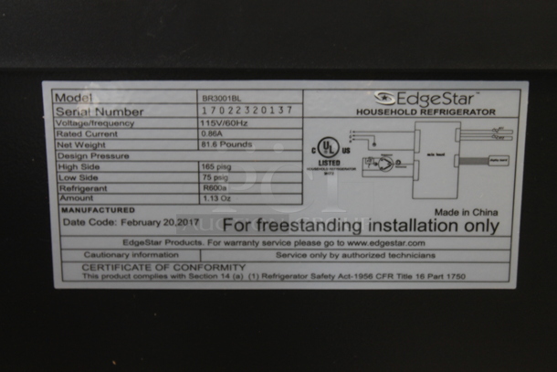 EdgeStar BR3001BL Metal Direct Draw Kegerator w/ Beer Tower, 2 Handles and Nitrogen Tank. 115 Volts, 1 Phase. Tested and Working! - Image 6 of 6