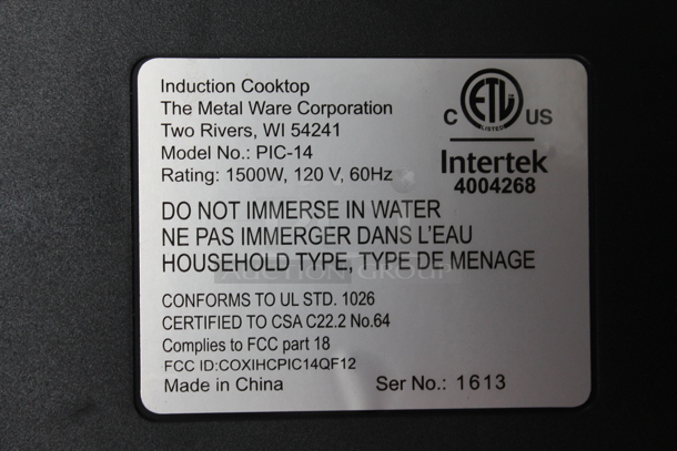 Nesco PIC-14 Metal Countertop Portable Single Burner Induction Range. 120 Volts, 1 Phase. - Image 6 of 7