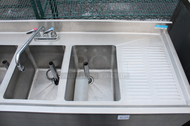 Stainless Steel Commercial 3 Bay Sink w/ Dual Drainboards, Faucet and Handles. 60x21.5x31. Bays 10x14x10. Drainboards 11x14x1 - Image 4 of 5