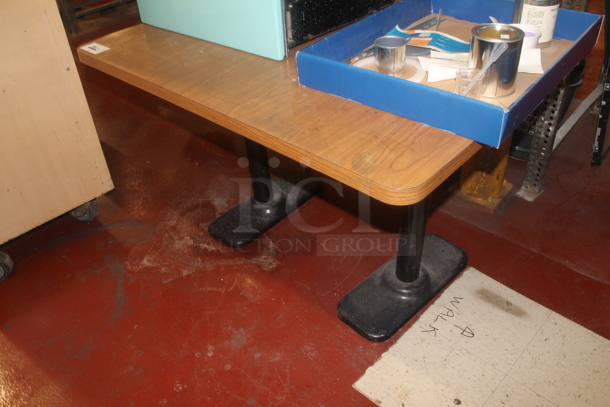 Wood Pattern Table on 2 Metal Table Bases w/ Contents.  - Image 3 of 4