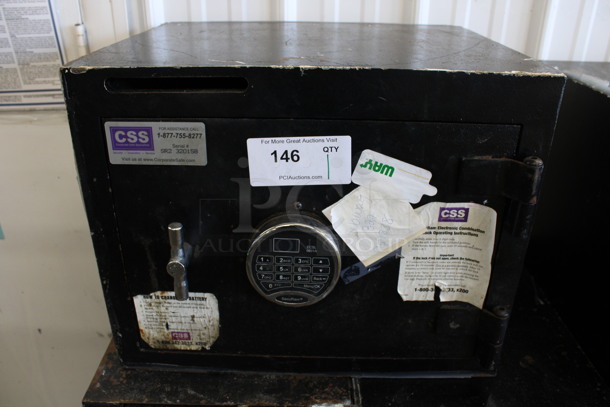 Corporate Safe Specialists Black Metal Single Compartment Safe. Comes w/ Combination That Has Not Been Tested. 19.5x15x15