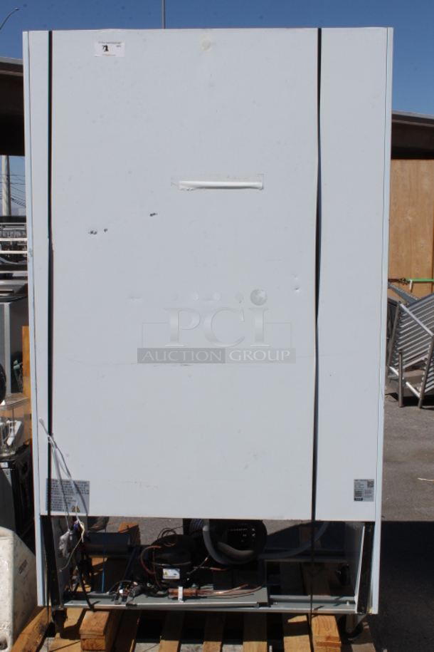 BRAND NEW SCRATCH & DENT! Avantco GDC-40-HC 48" White Swing Glass Door Merchandiser Refrigerator with LED Lighting. Unit is badly dented on the back and front air grate covers.  Not tested. Wires are cut. S/N: 871987927 - Image 7 of 11
