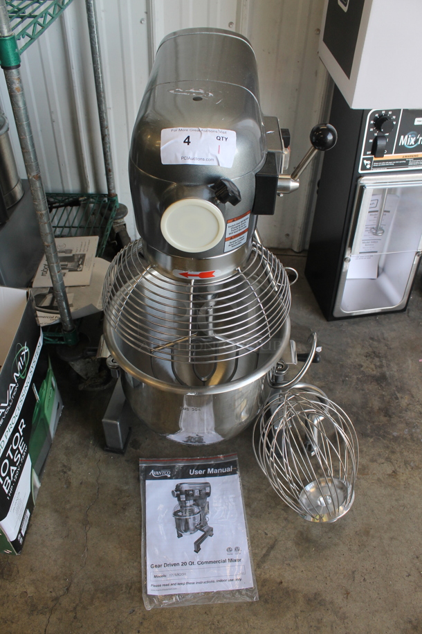 BRAND NEW SCRATCH AND DENT! Avantco 177MX20H Metal Commercial Floor Style 20 Quart Planetary Dough Mixer w/ Stainless Steel Mixing Bowl, Bowl Guard, Paddle, Whisk and Dough Hook Attachments. 120 Volts, 1 Phase. Tested and Working! - Image 2 of 10
