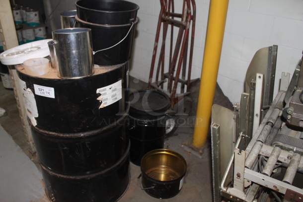 ALL ONE MONEY! Lot of Various Items Including Black Metal Barrel, 2 Metal Furniture Dollies and Poly Buckets. BUYER MUST REMOVE. - Image 2 of 4