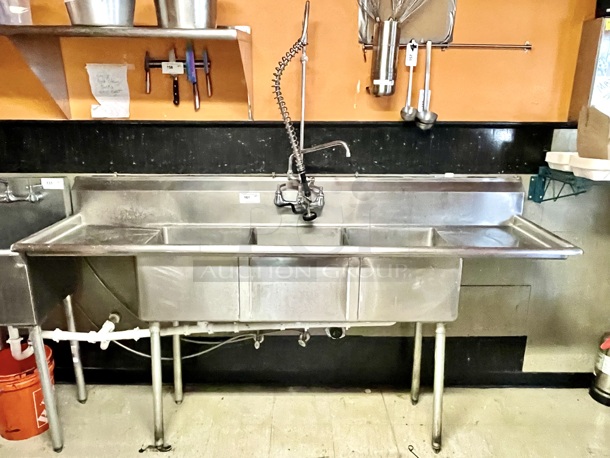 BEAUTIFUL!!  Regency Spec Line 88" 14 Gauge Stainless Steel Three Compartment Commercial Sink with 2 Drainboards On Legs With Adjustable Bullet Feet + Pre-Wash Unit. 88x25-1/2x45-3/8 - Image 2 of 4